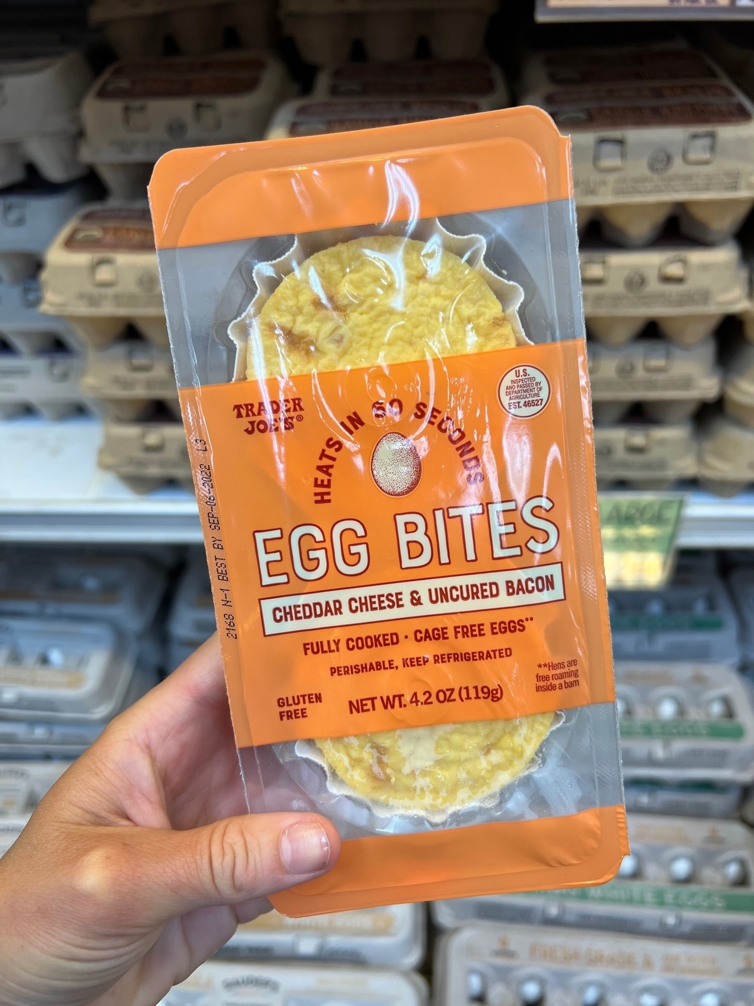 A hand holding packaged egg bites