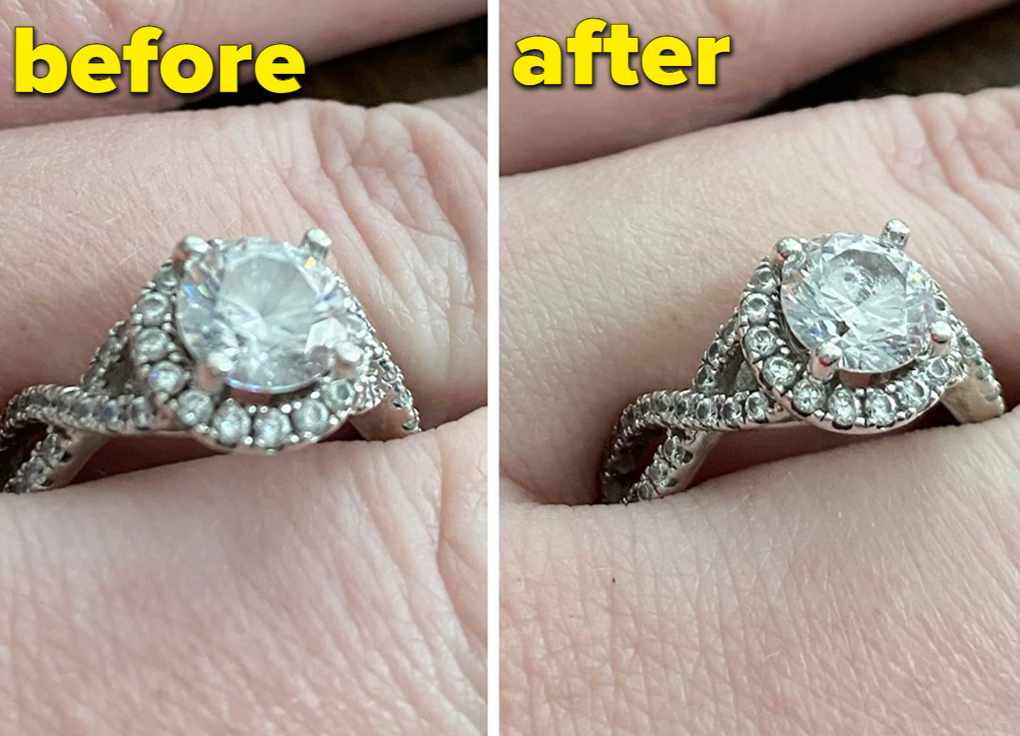 a reviewer's diamond ring looking fogged up and then looking brand new after using the cleaning pen