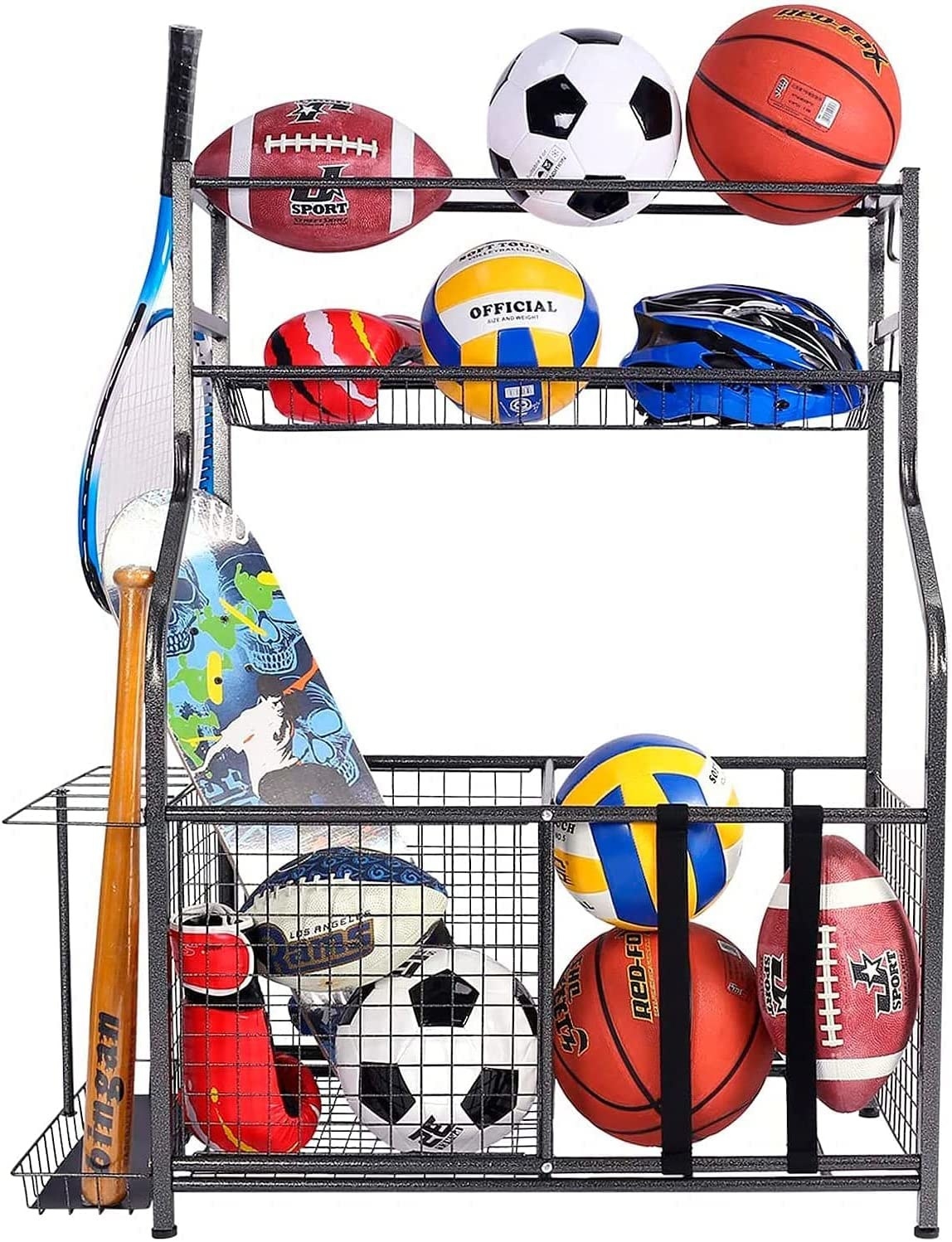 the rack against a plain background filled with sports equiptment