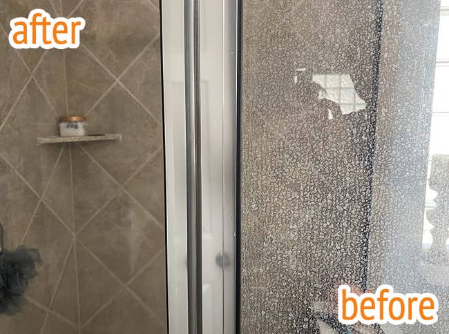a reviewer's glass shower door before and after using the hard water stain remover