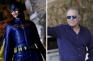ON the left is Leslie Grace as Batgirl and on the right is David Zaslav waving at someone 