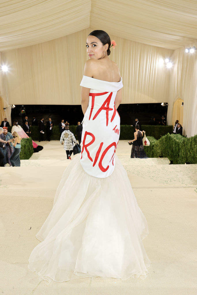 The back of Alexandria&#x27;s dress says &quot;tax the rich&quot; in large letters