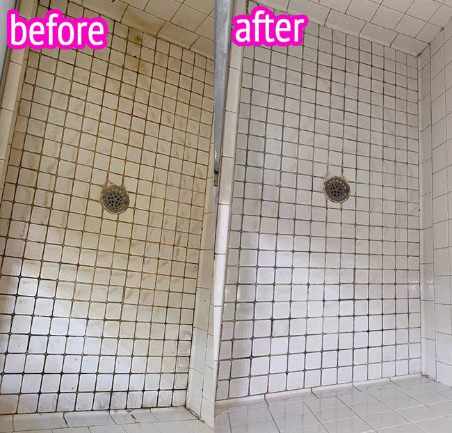 a reviewer's shower floor before and after using the natural tub and tile cleaner