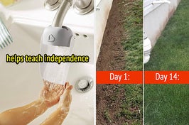 L: young child washing their hands as water pours down the spout of a faucet extender R: a reviewer's patchy lawn on day 1 and their lawn looking lush and all the patches of dirt are filled in with grass on day 14