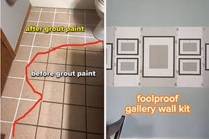 bathroom floor with half dirty grout then half white painted grout. gallery wall frames and guides