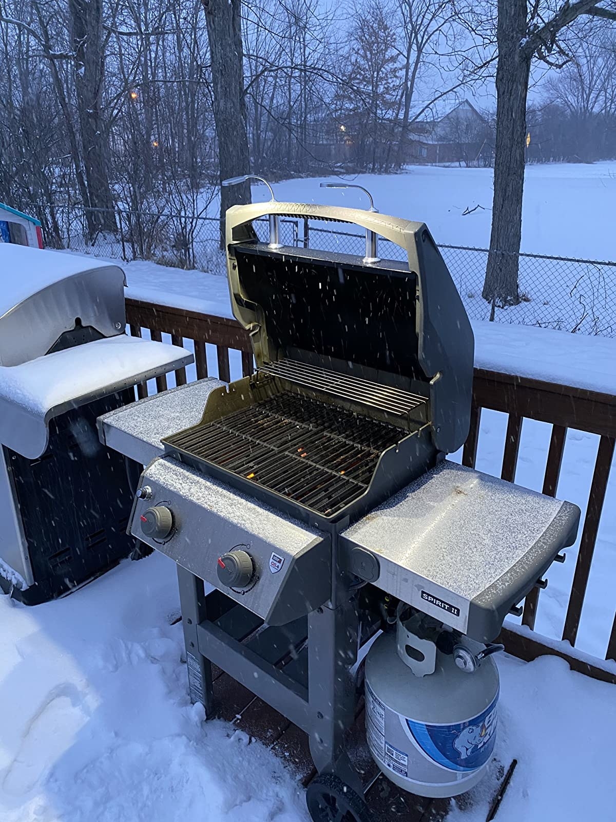 Reviewer&#x27;s photo of lights set up on grill while it snows