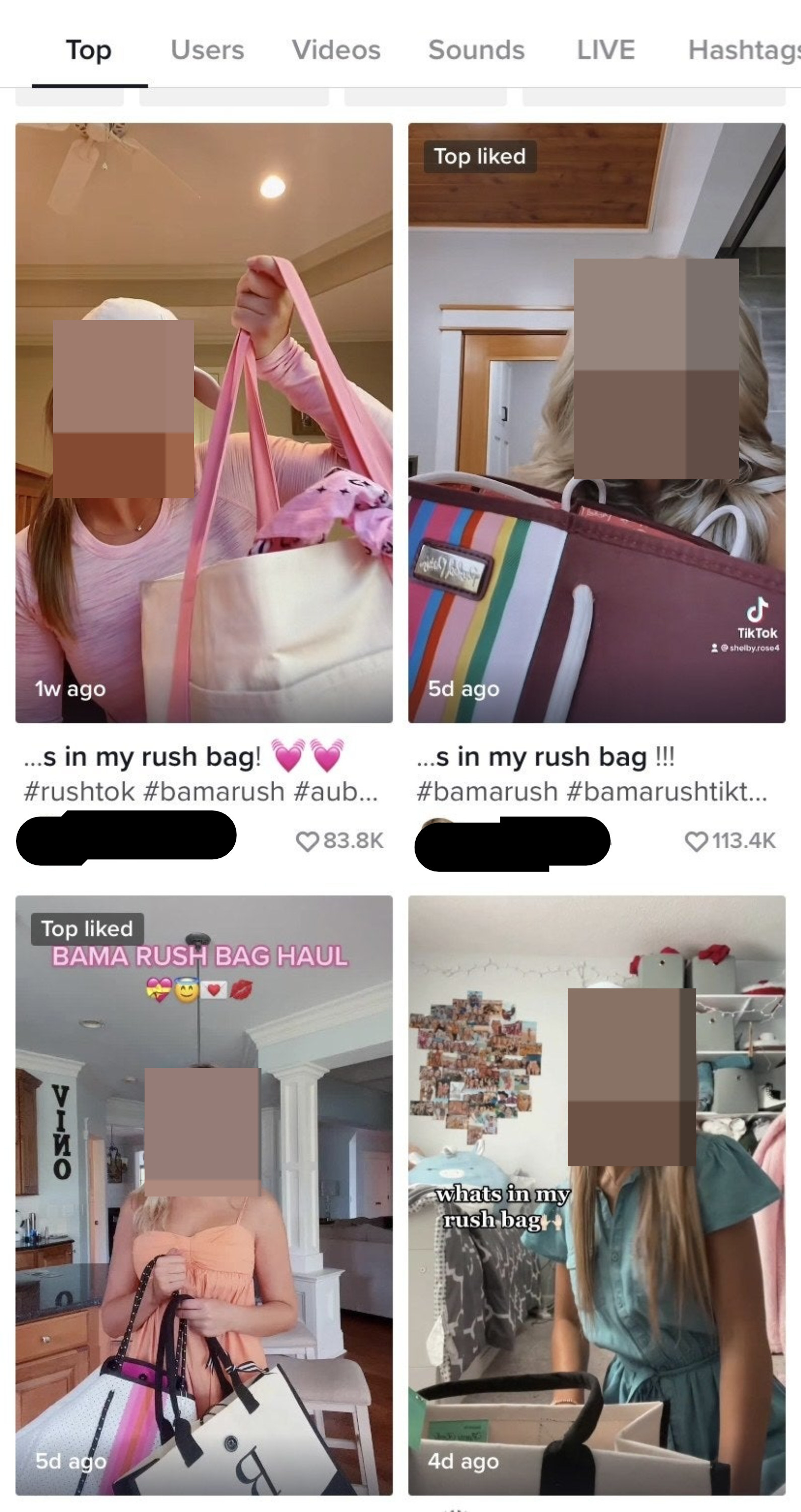 Tiles of young women showing what&#x27;s in their rush bag