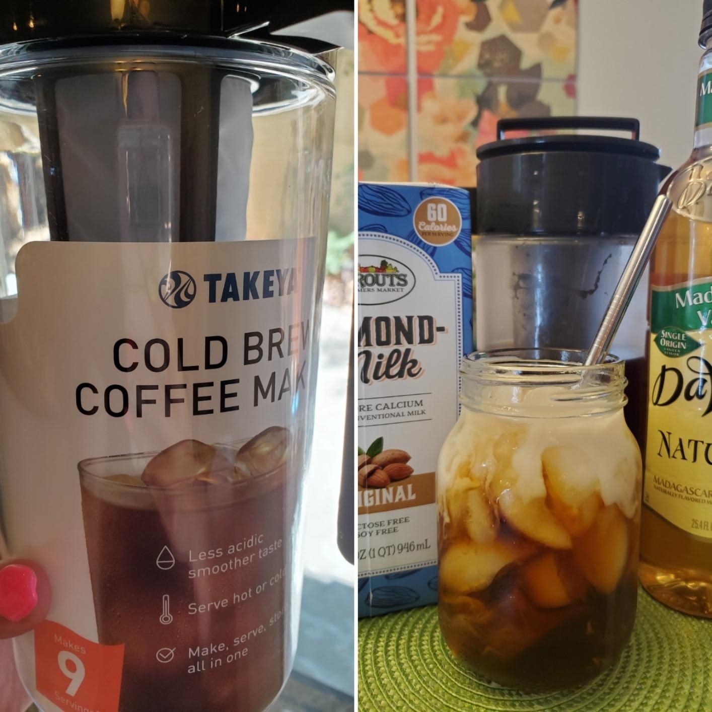 Reviewer&#x27;s split image showing the coffee maker up close in new packaging (left) and a mason jar filled with iced coffee and milk with the cold brew maker resting behind it (right)