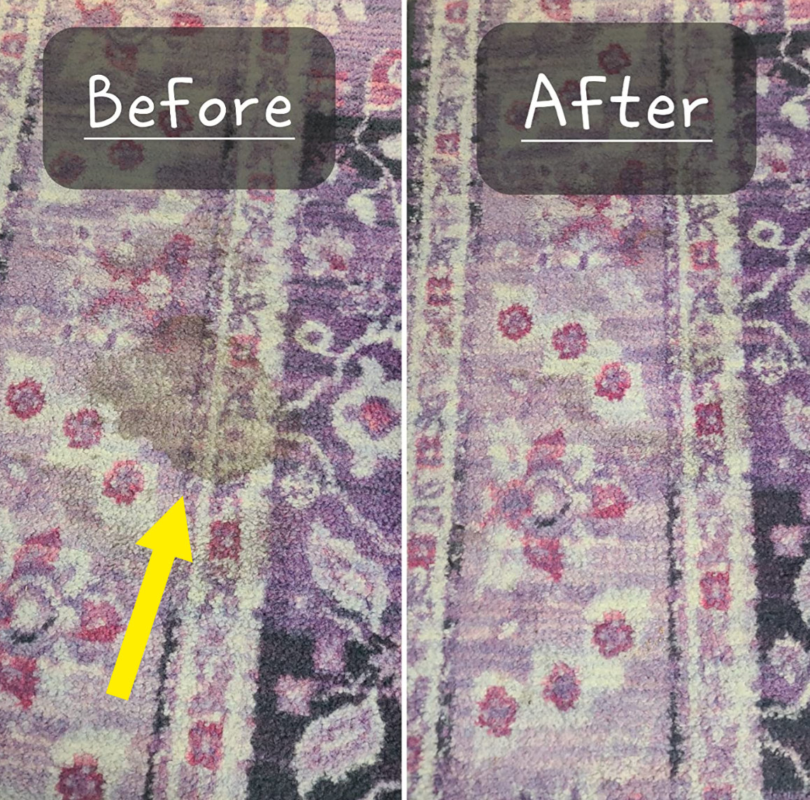 a reviewer's before and after photo of a stain on a carpet using the lifting pads