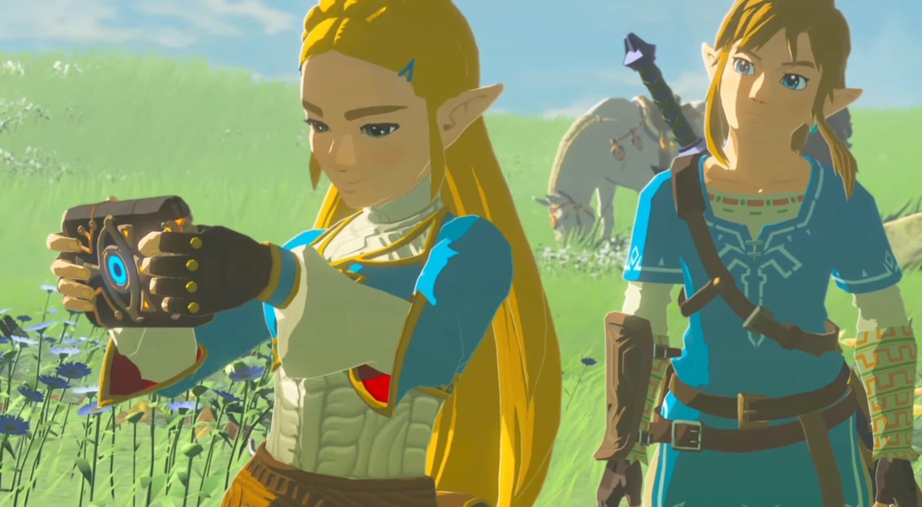 Zelda holding the Sheikah Slate with Link behind her in &quot;The Legend of Zelda: Breath of the Wild&quot;