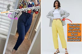 Two images of people wearing navy and yellow pants