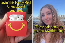 on the left a hand holding a happy meal airpods case and text that reads "lovin' this happy meal airpods case"; on the right a reviewer with gems in their hair and text that reads "These hair gems are my new favorite thing"