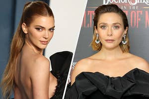 Kendall Jenner wears a strapless dark gown and Elizabeth Olsen wears a strapless jumpsuit