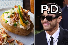 A loaded baked potato and Pete Davidson wears a dark suit