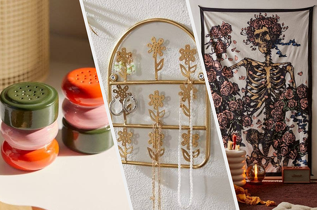 salt and pepper shakers, jewellery hanger, skeleton tapestry