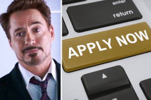 Tony Stark smirks while wearing a suit and a button that says, "Apply Now"
