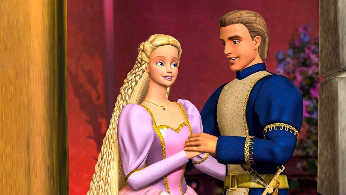 Barbie como la princesa Rapunzel bailando con un principe