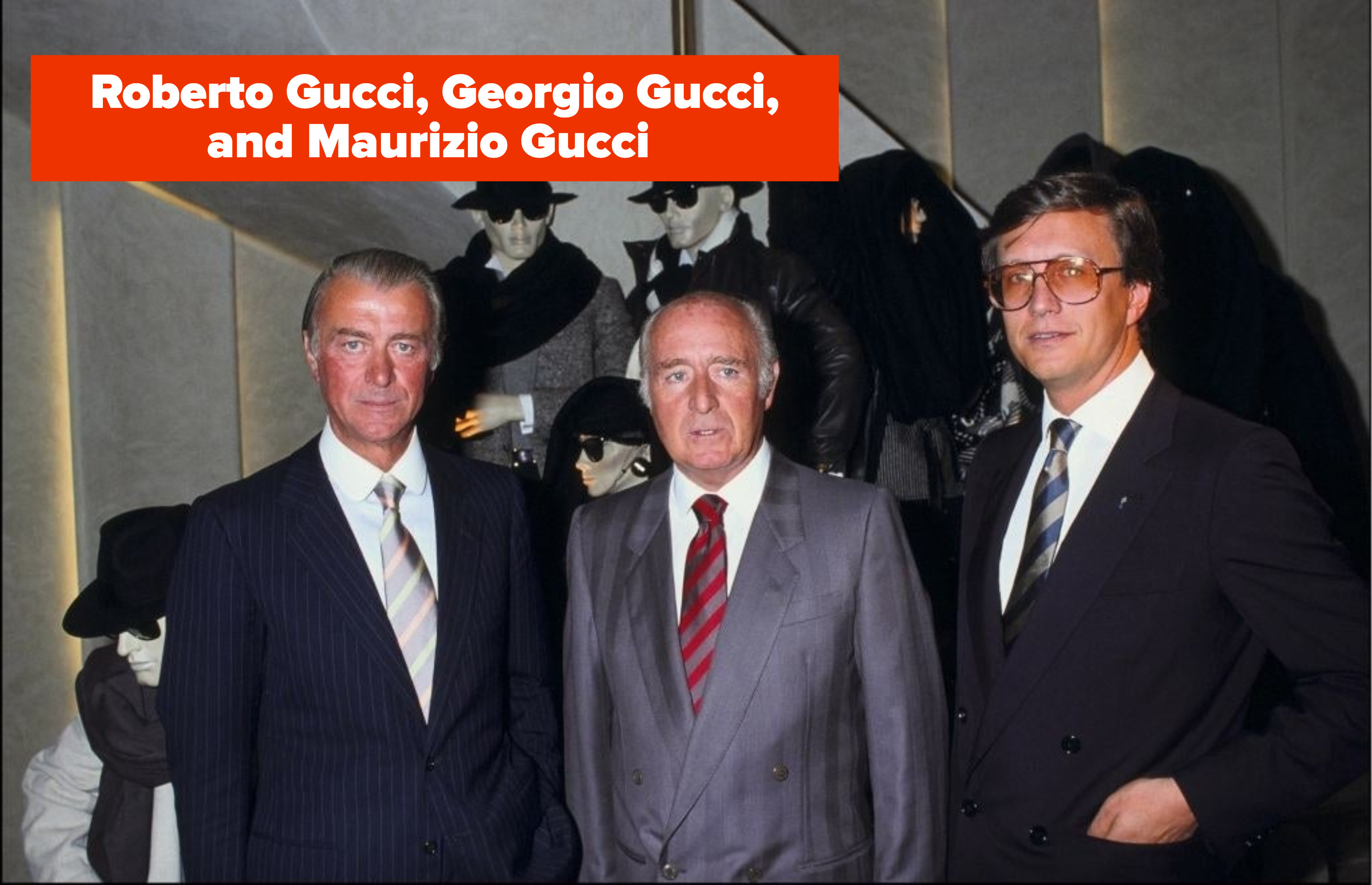 Roberto Gucci, Georgio Gucci, and Maurizio Gucci stand beside one another