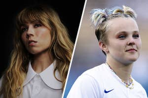 Jennette McCurdy wears a white shirt with an oversized collar. Jojo Siwa poses in a white Nike shirt with her hair in little ponytails.