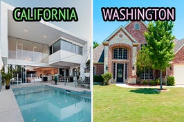 On the left, a modern home with a pool out back labeled California, and on the right, a suburban brick home labeled Washington