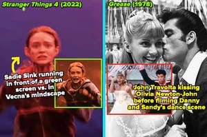Sadie Sink in "Stranger Things 4;" John Travolta and Olivia Newton-John in "Grease"