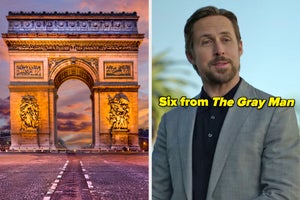 On the left, the Arc de Triomphe in Paris at sunset, and on the right, Ryan Gosling as Six in The Gray Man