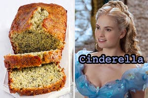 On the left, a lemon poppy seed loaf cake, and on the right, Lily James as Cinderella in the live-action version of the film