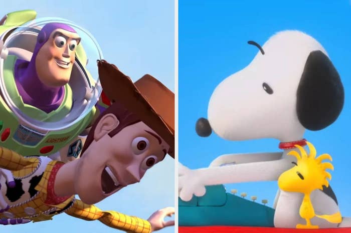 Woody and Buzz flying together in &quot;Toy Story&quot;/Snoopy and Woodstock sitting in front of a typewriter in &quot;The Peanuts Movie&quot;