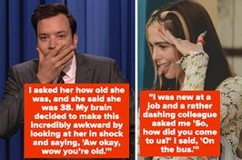 Left: Jimmy Fallon covers his mouth in "The Tonight Show" Right: Zoey Deutch as Danni Sanders sticks out her tongue in "Not Okay"