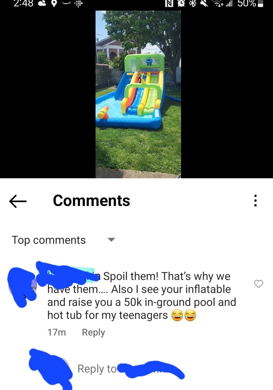 On a video of kids playing on an inflatable slide, the ex says &quot;I see your inflatable and raise you a 50,000 in-ground pool and hot tub for my teenagers&quot; with laughing emojis