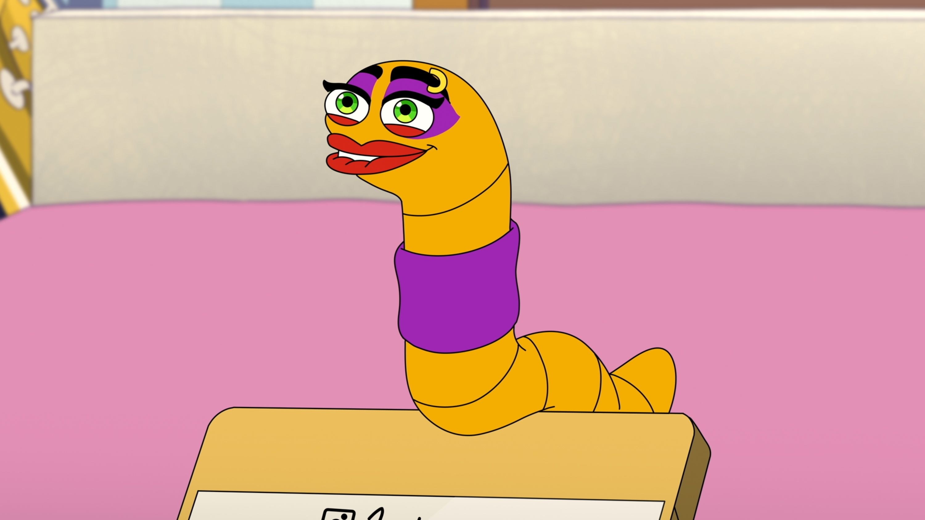 An animated worm wearing makeup and smiling