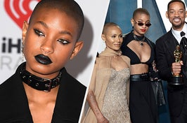 Willow Smith wears a black outfit with a black collar around her neck and dark makeup. She also appears in a black shirt with a cut-out detail across the chest and matching pants while standing next to Will Smith and Jada Pinkett-Smith.