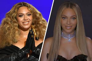 Beyoncé wears a leather dress with matching gloves and gold jewelry. She also has on a black dress with a diamond choker.
