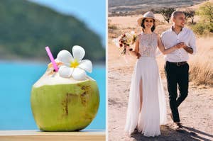 a tropical drink and a bride and groom