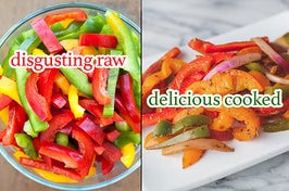 Raw peppers with the caption "disgusting raw" and cooked peppers with the caption "delicious cooked"