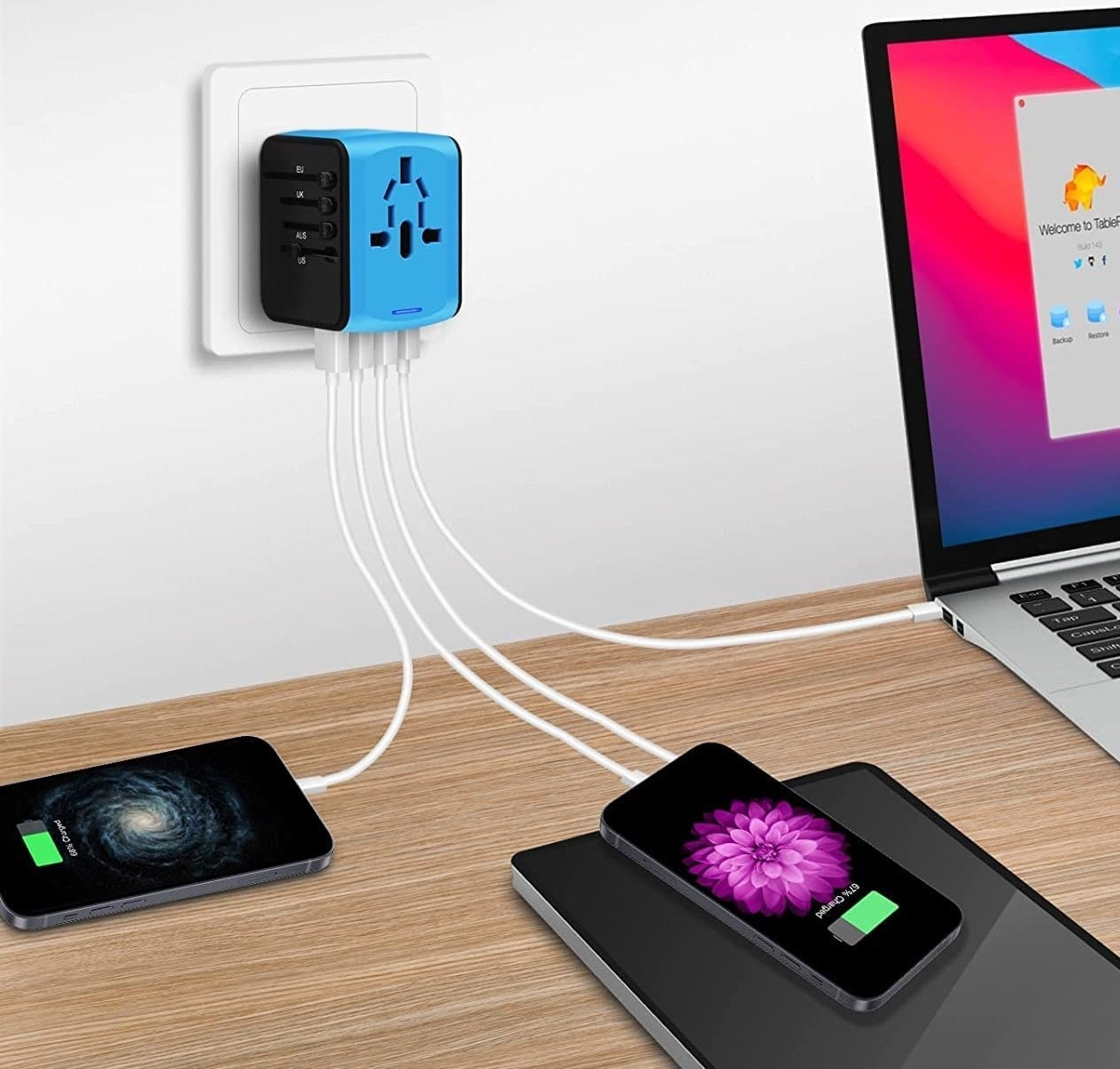 Three devices plugged into the adapter