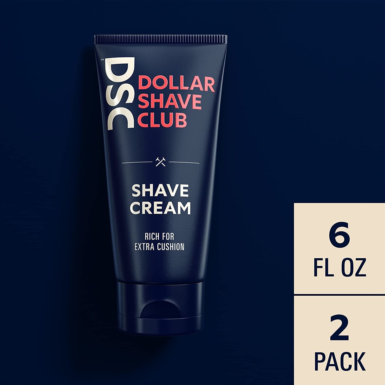 The shave cream tube that&#x27;s &quot;rich for extra cushion&quot; with package dimensions listed as 6 fl oz, 2 pack