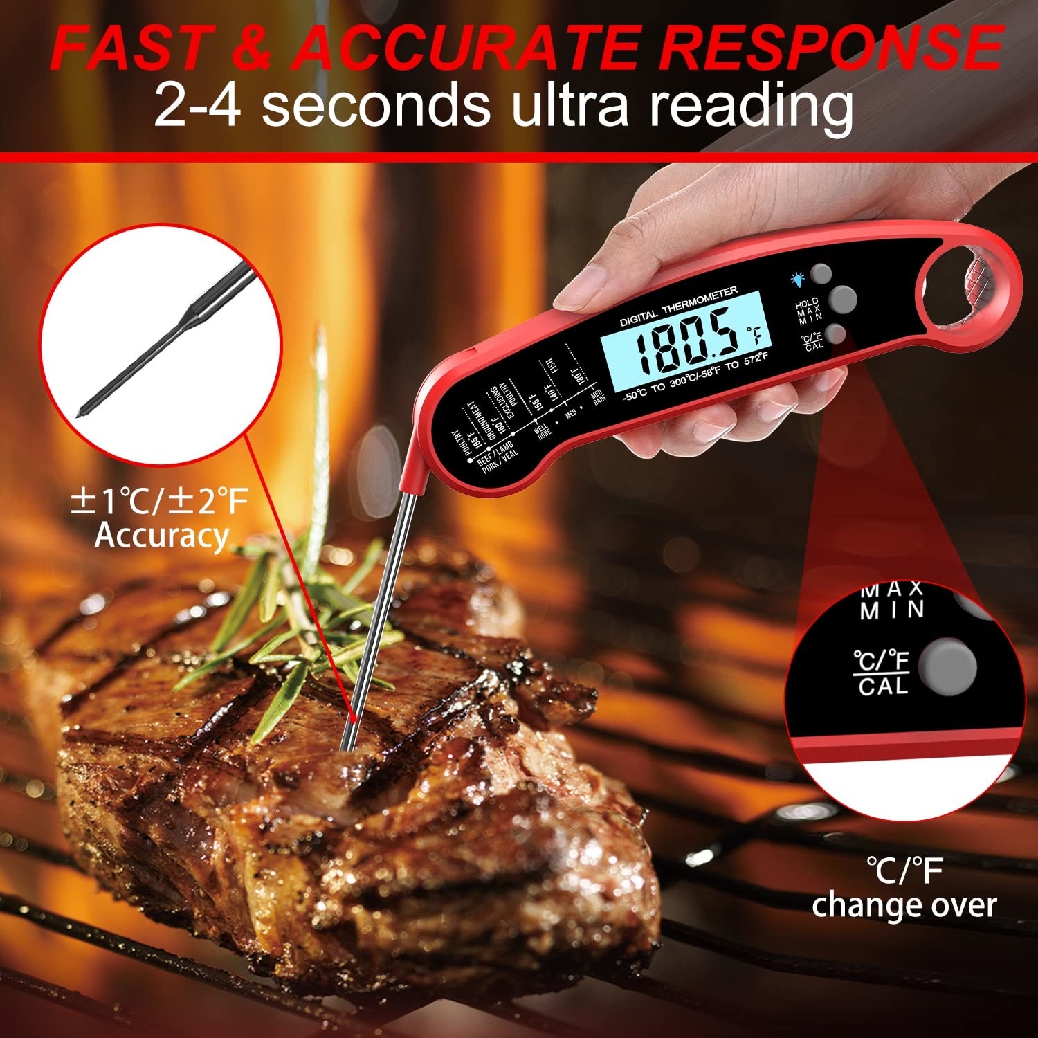 The food thermometer with probe stuck into a steak for a fast and accurate response reading in 2-4 seconds within +/- 1 degree C or 2 degrees F