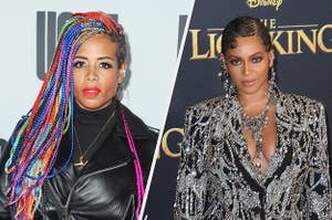 Kelis wears her hair in colorful braids with a black leather jacket. Beyoncé wears a black jacket adorned in silver jewels with her hair braided into pin curls.