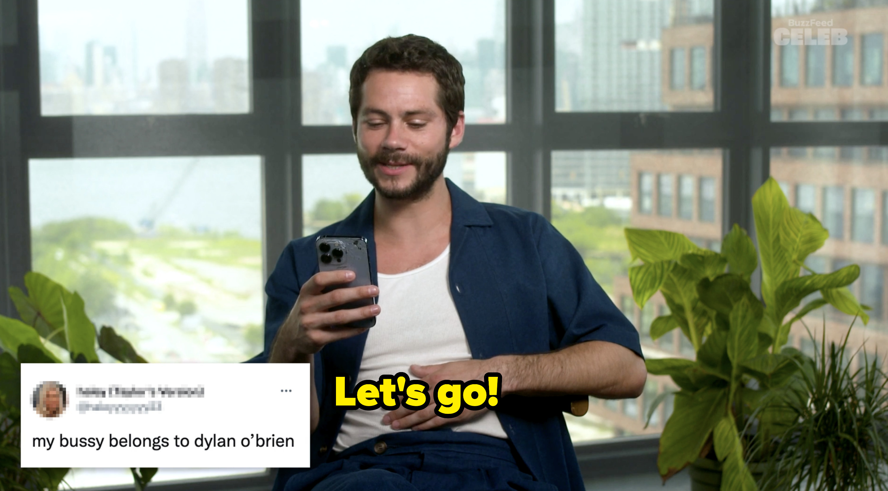 Dylan looking at his phone with the caption &quot;Let&#x27;s go!&quot; and tweet: &quot;my bussy belongs to dylan o&#x27;brien&quot;