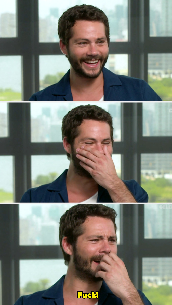 Three images of Dylan laughing, covering his face, and the caption &quot;Fuck!&quot;