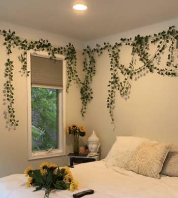reviewer's bedroom with vines hanging from ceiling