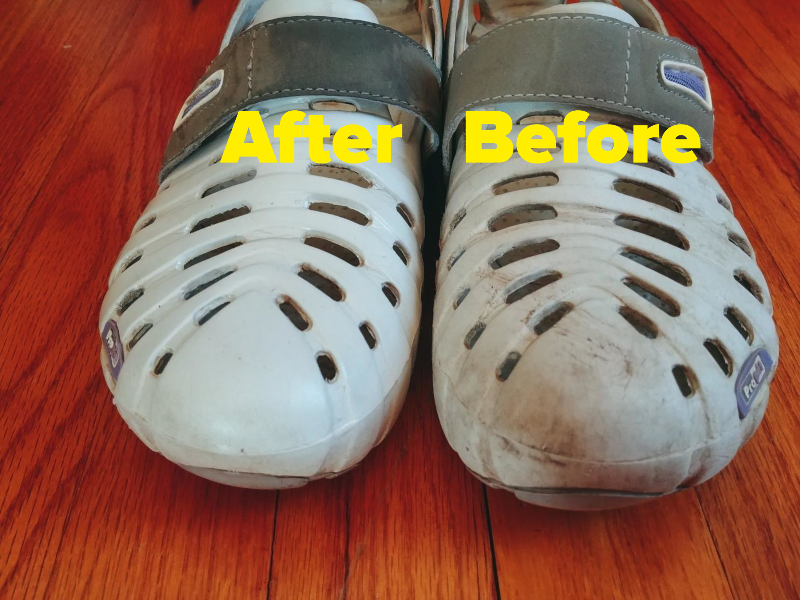 a reviewer photo of white shoes, one cleaned with the sponge and one still dirty