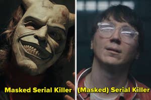 The Grabber wearing a smiling devil mask in "The Black Phone"/The Riddler in Arkham Asylum in "The Batman"