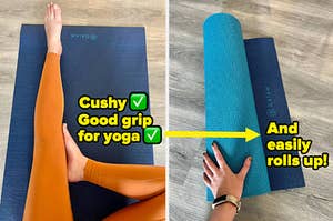 on left, BuzzFeed editor Genevieve Scarano sitting on dark blue yoga mat. on right, Genevieve holding same yoga mat with reversible light blue side all rolled up
