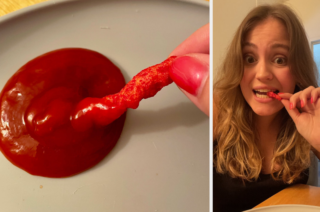 Hannah eating Flamin&#x27; Hot Cheetos with ketchup