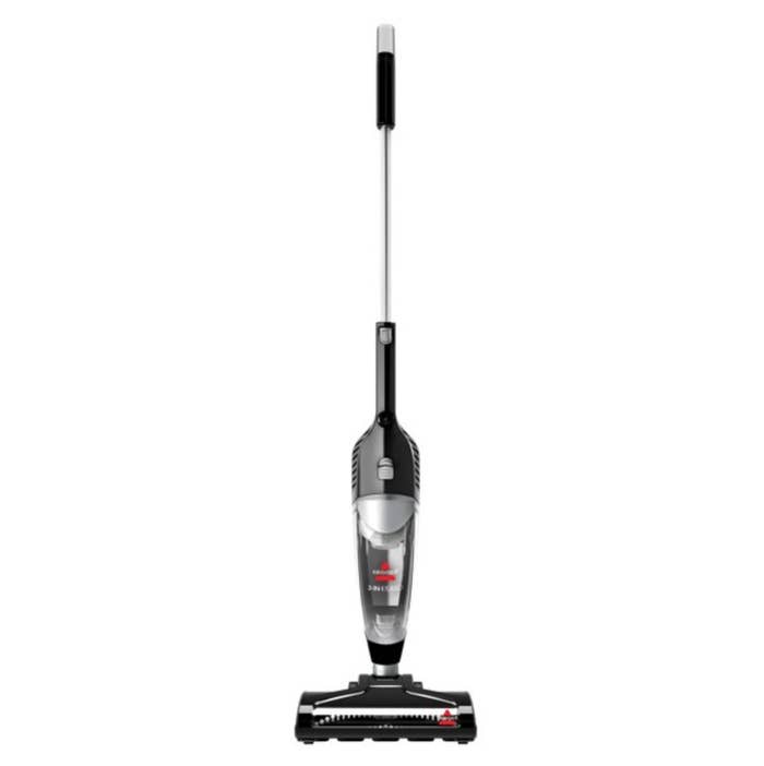 the silver and black stick vacuum