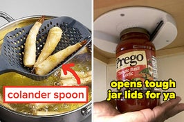 colander spoon pulling egg rolls out of hot oil, pasta sauce jar being opened with cabinet-mounted opener