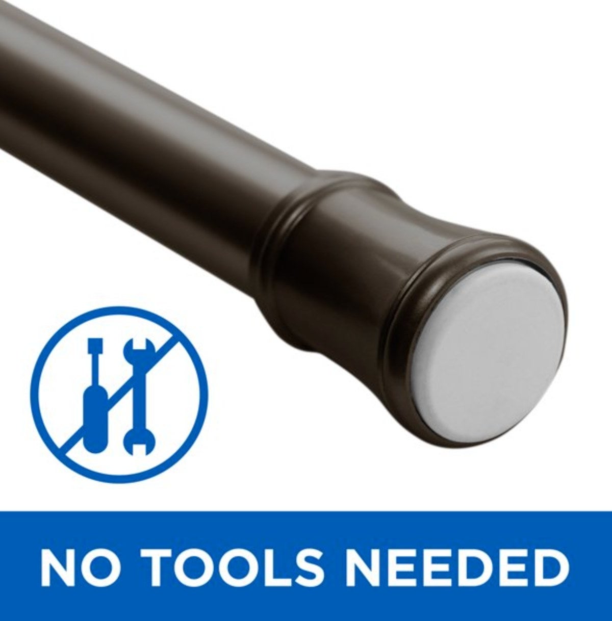 a graphic showing the end of the curtain rod and the text &quot;NO TOOLS NEEDED&quot;