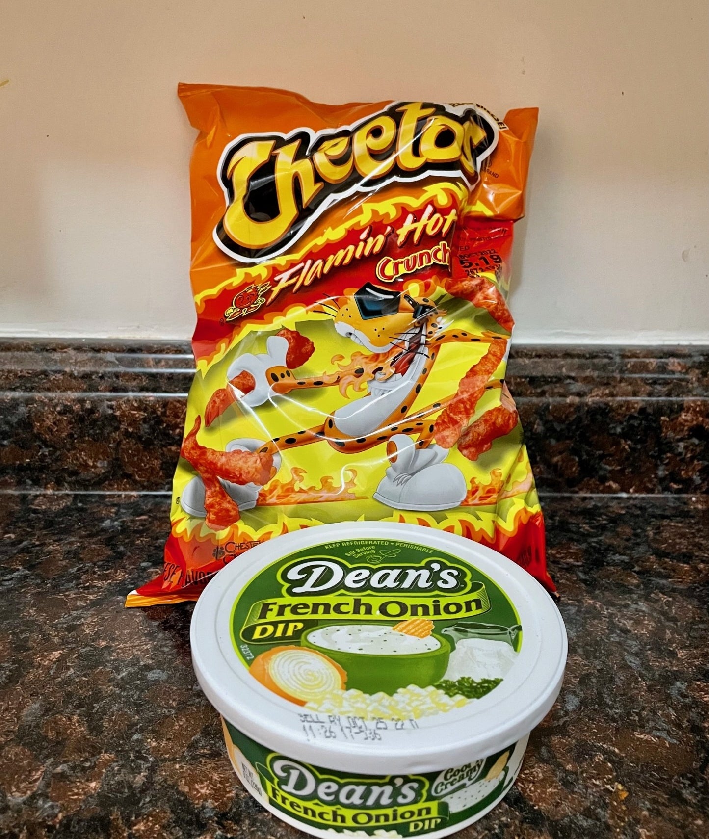 Hot Cheetos and French onion dip